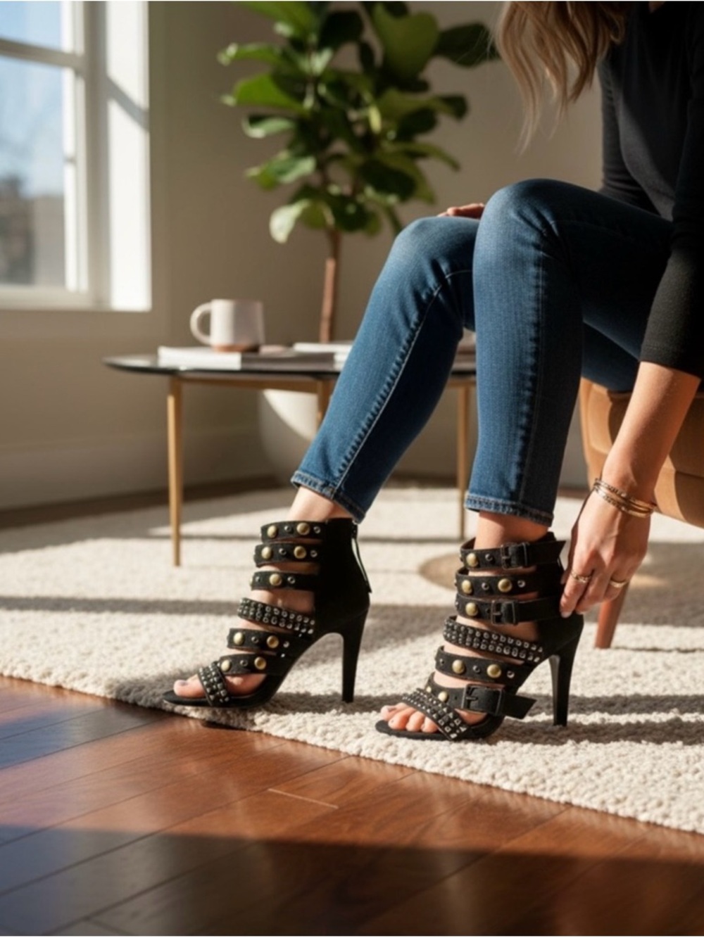 DV by Dolce Vita Black Studded Strappy High Heel Sandals